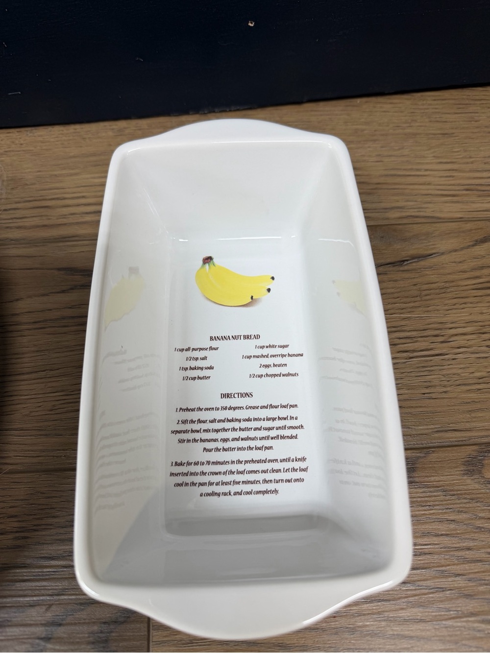 Source Unknown White Ceramic Loaf Pan with Yellow Banana Illustration